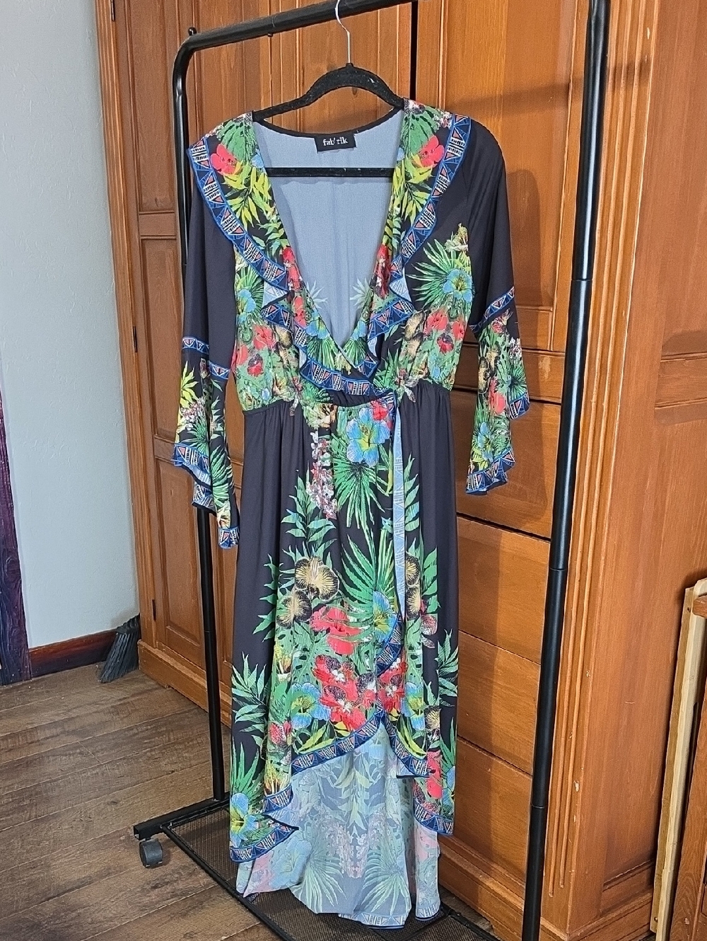 fab'rik Black Tropical Floral High-Low Maxi Dress